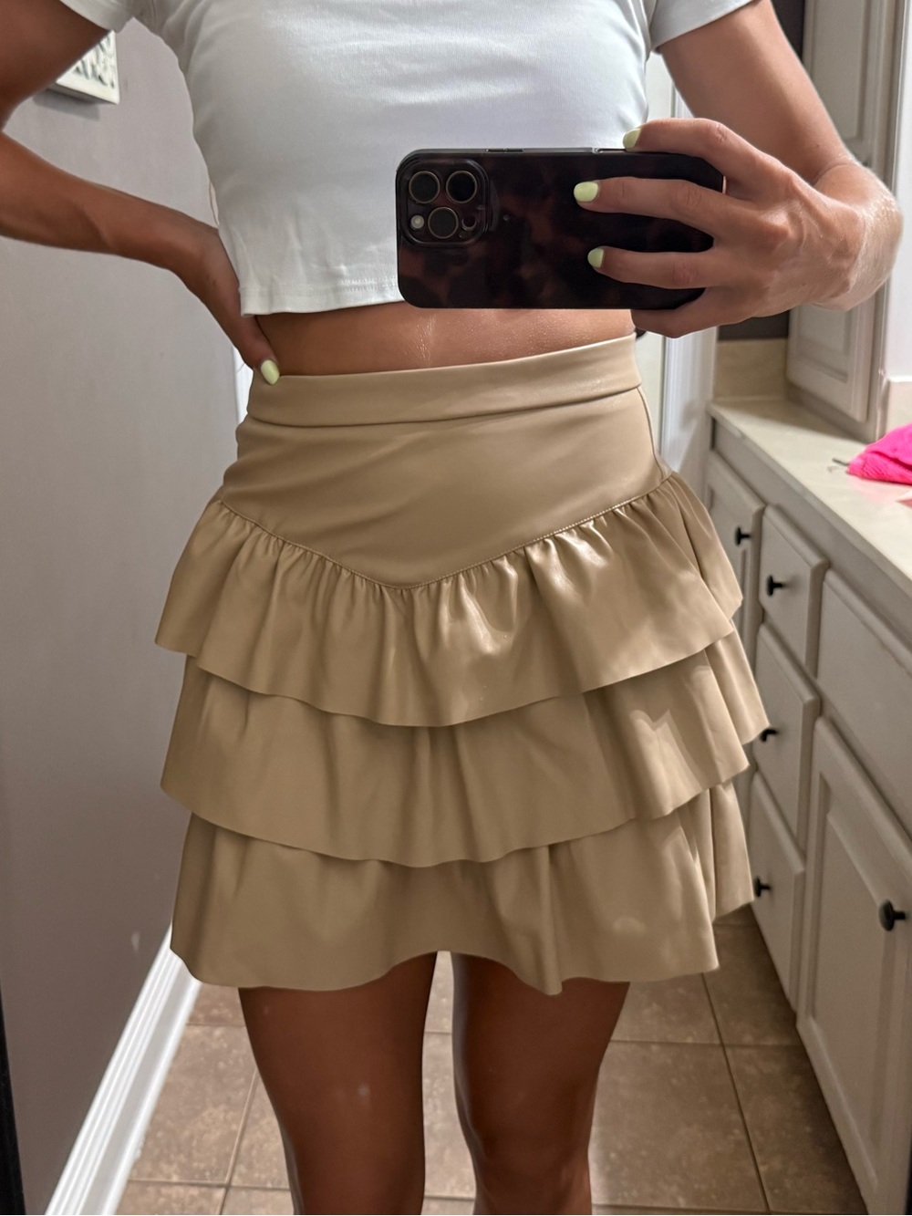 Tiered Faux-Leather Ruffle Skirt in Beige
